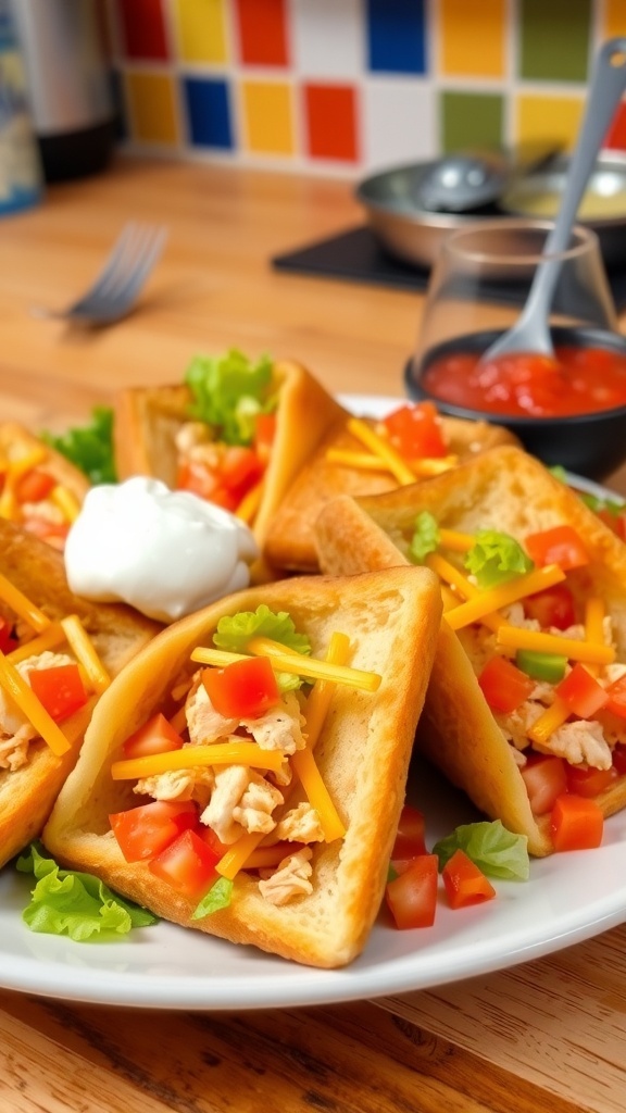 A colorful plate of sandwich bread tacos filled with chicken, cheese, lettuce, and tomatoes, garnished with sour cream and salsa.